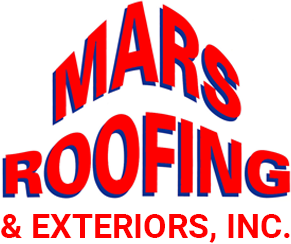 Red text "MARS ROOFING" in large font with "& EXTERIORS, INC." beneath it, all on a white background.