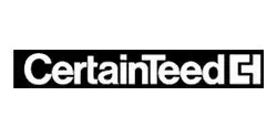 Logo of CertainTeed featuring the company name in bold white letters on a black background, followed by a white abstract symbol.