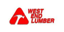 Red triangular logo with a white hammer and the text "West End Lumber" in bold red letters.