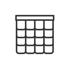 Icon of a stylized calendar in a simple black and white outline on a circular white background.