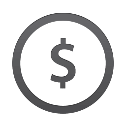 A grayscale dollar sign inside a circular border on a transparent background.