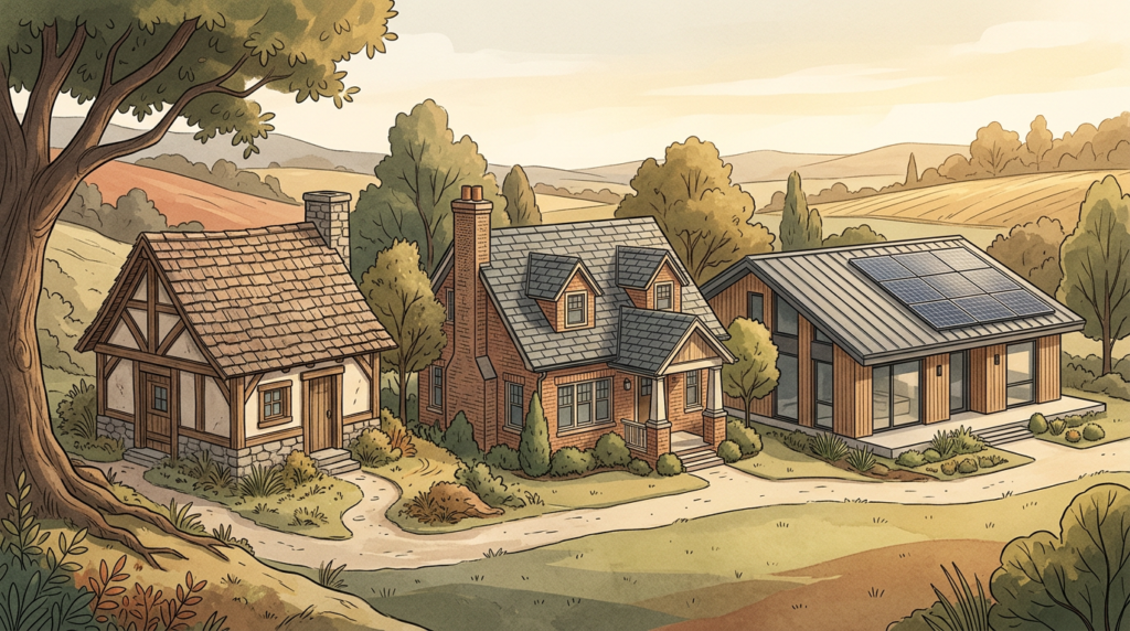 Three homes in a rural landscape, including one with rooftop solar panels