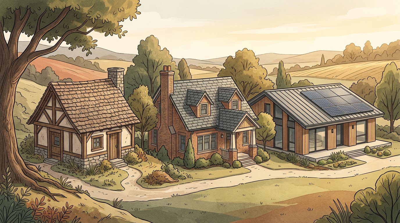 Three homes in a rural landscape, including one with rooftop solar panels